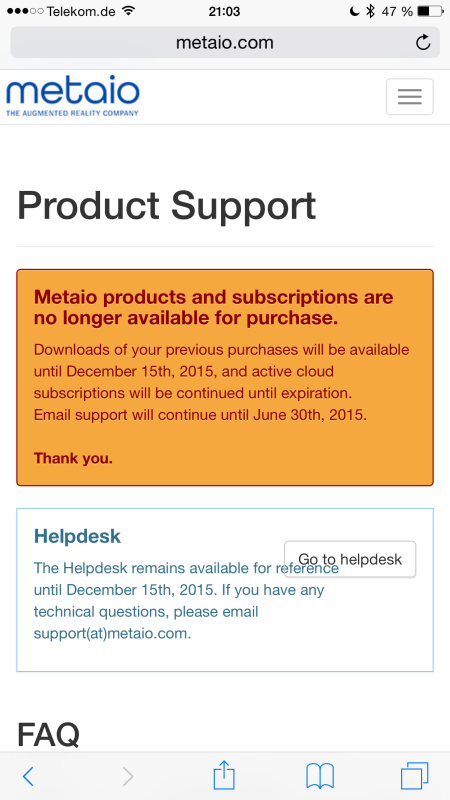 Die Website von Metaio wurde nahezu stillgelegt.