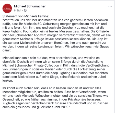 Familie Schumacher dankt und bittet um die Achtung der Privatsphäre.